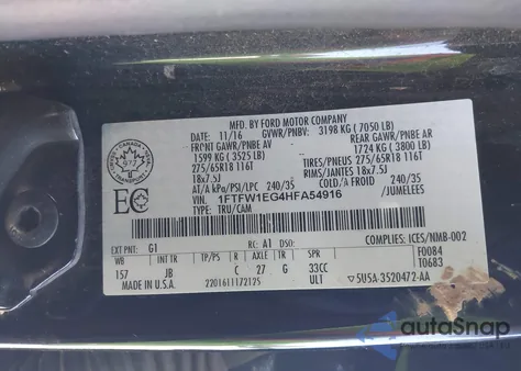 2017 Ford F150 Supercrew z USA, uszkodzony, nr VIN 1FTFW1EG4HFA54916